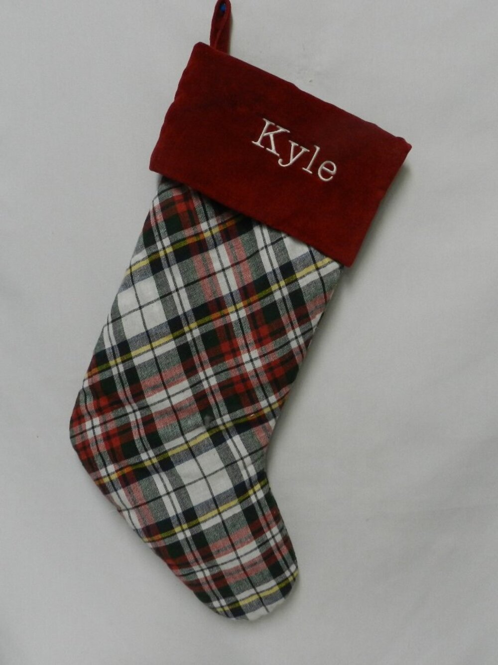 Pottery Barn Embroidered Kyle Christmas Stocking red Velvet Tartan plaid